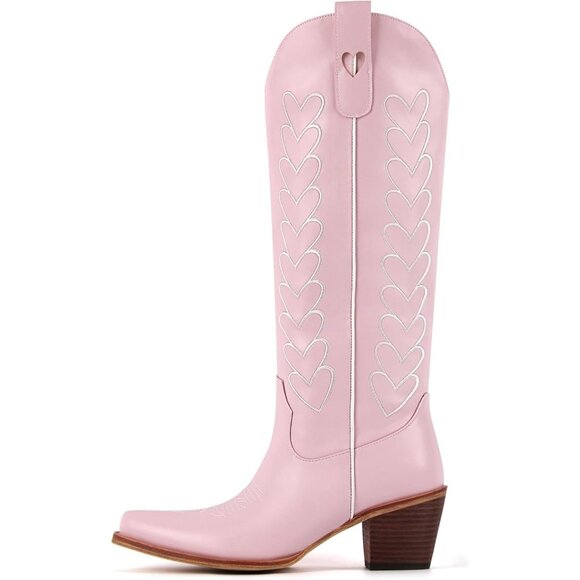 Women's Cream Hearts Cute Embroidery Chunky Knee Block High Heel Western Boots - Picture 3 of 7